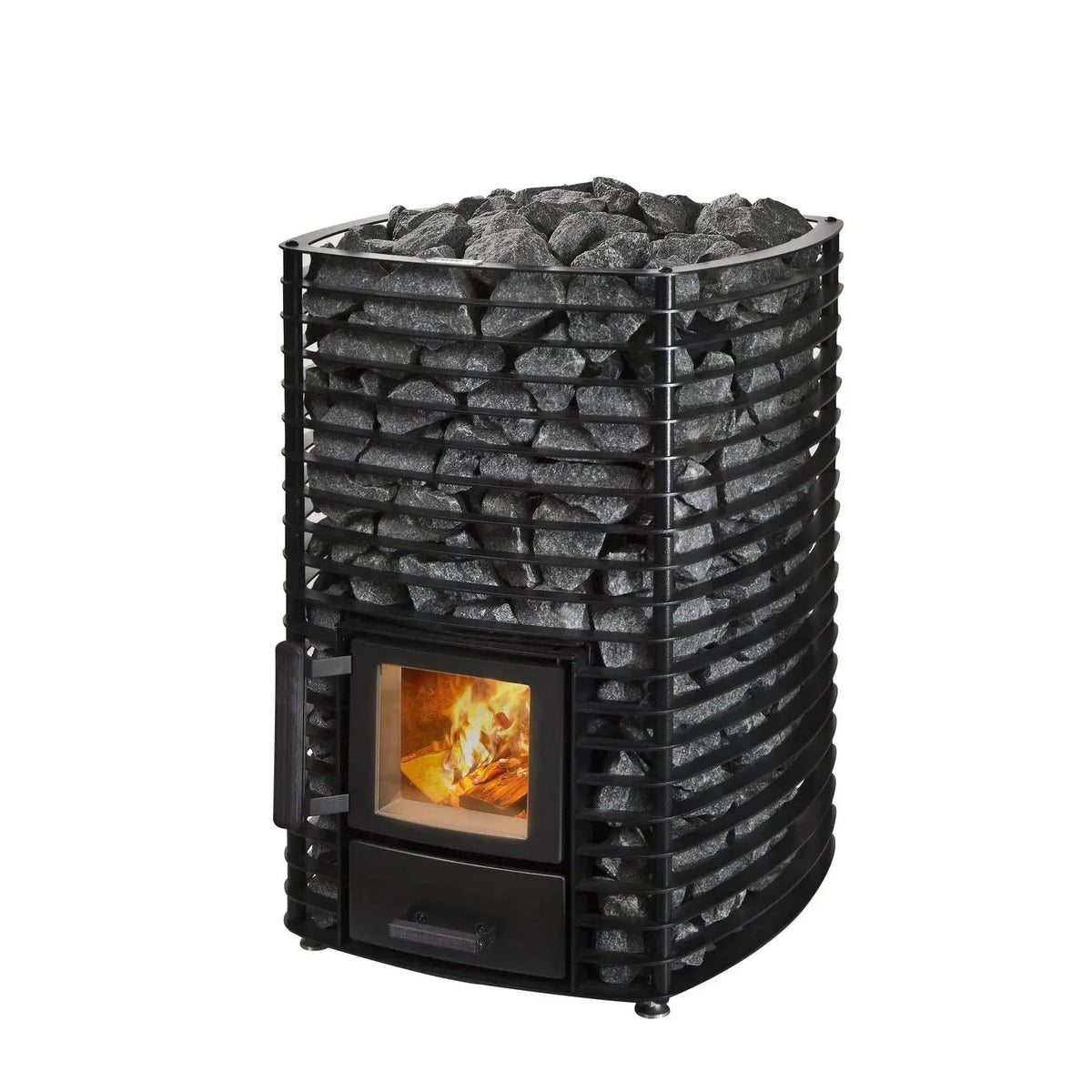 Black sauna heater with front glass window showing burning flames and gray rocks above