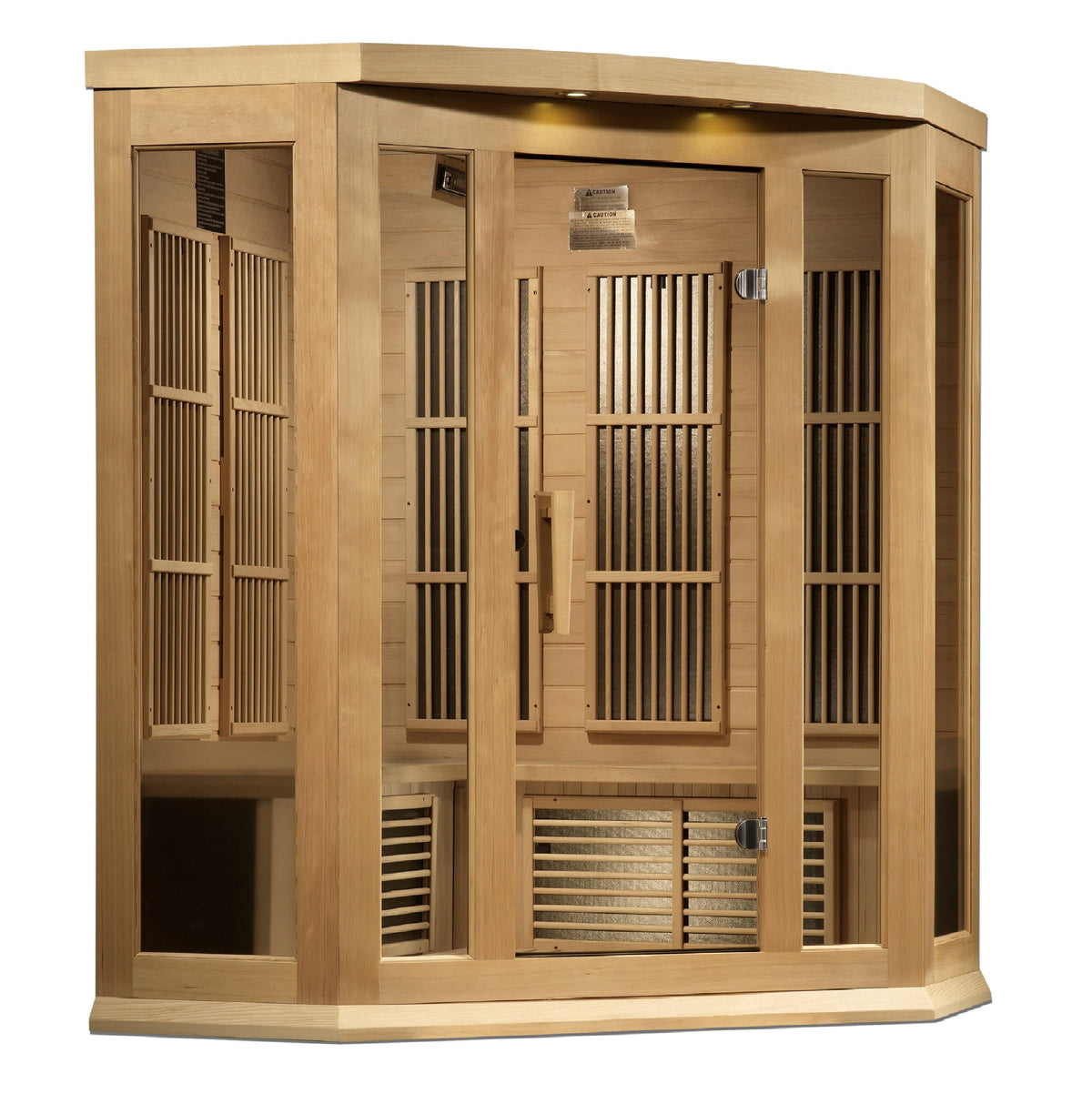 Wooden corner infrared sauna cabin with open front door and multiple interior benches
