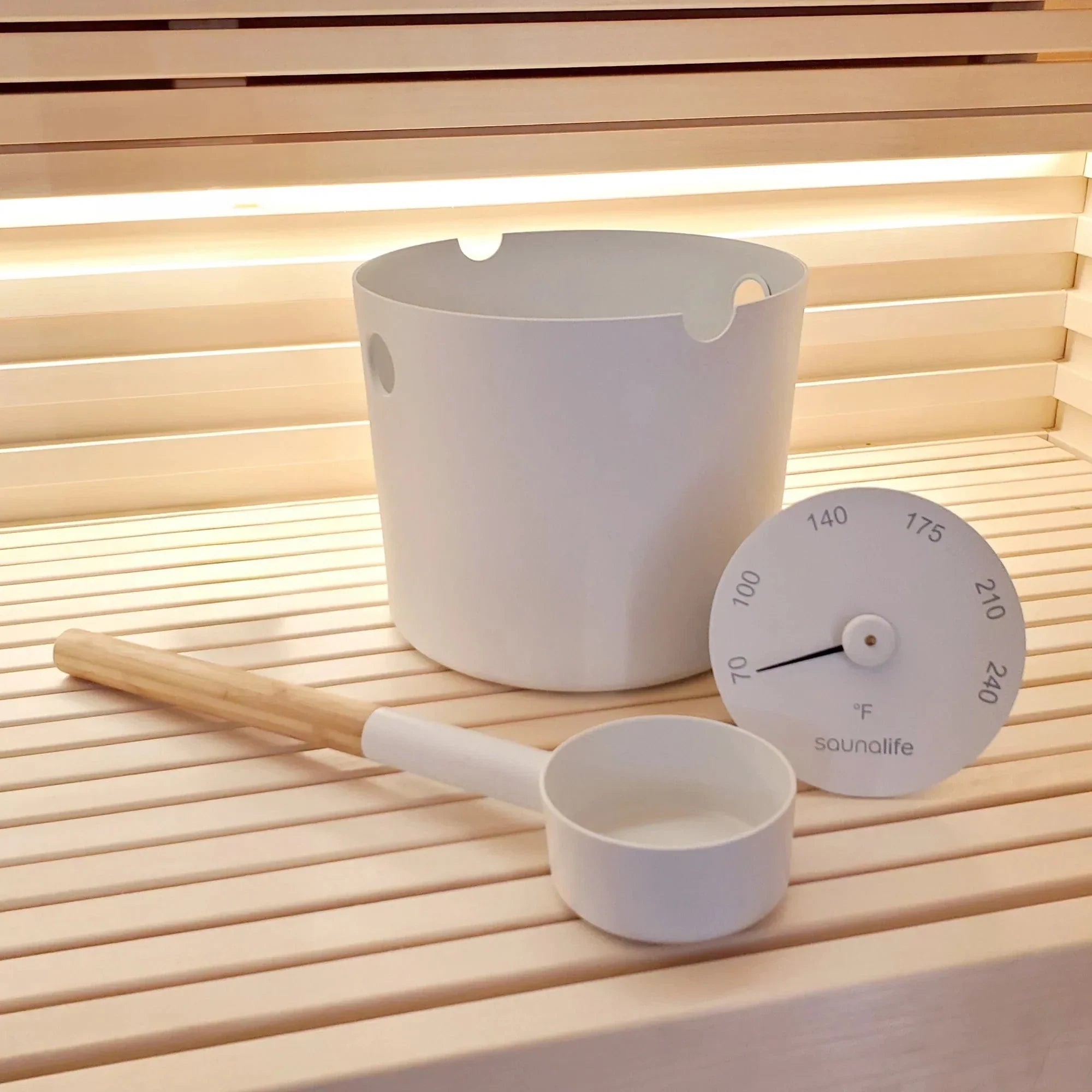 SaunaLife Accessory Package 6, Aluminum 1-Gallon Sauna Bucket Set with Wood Ladle and Thermometer